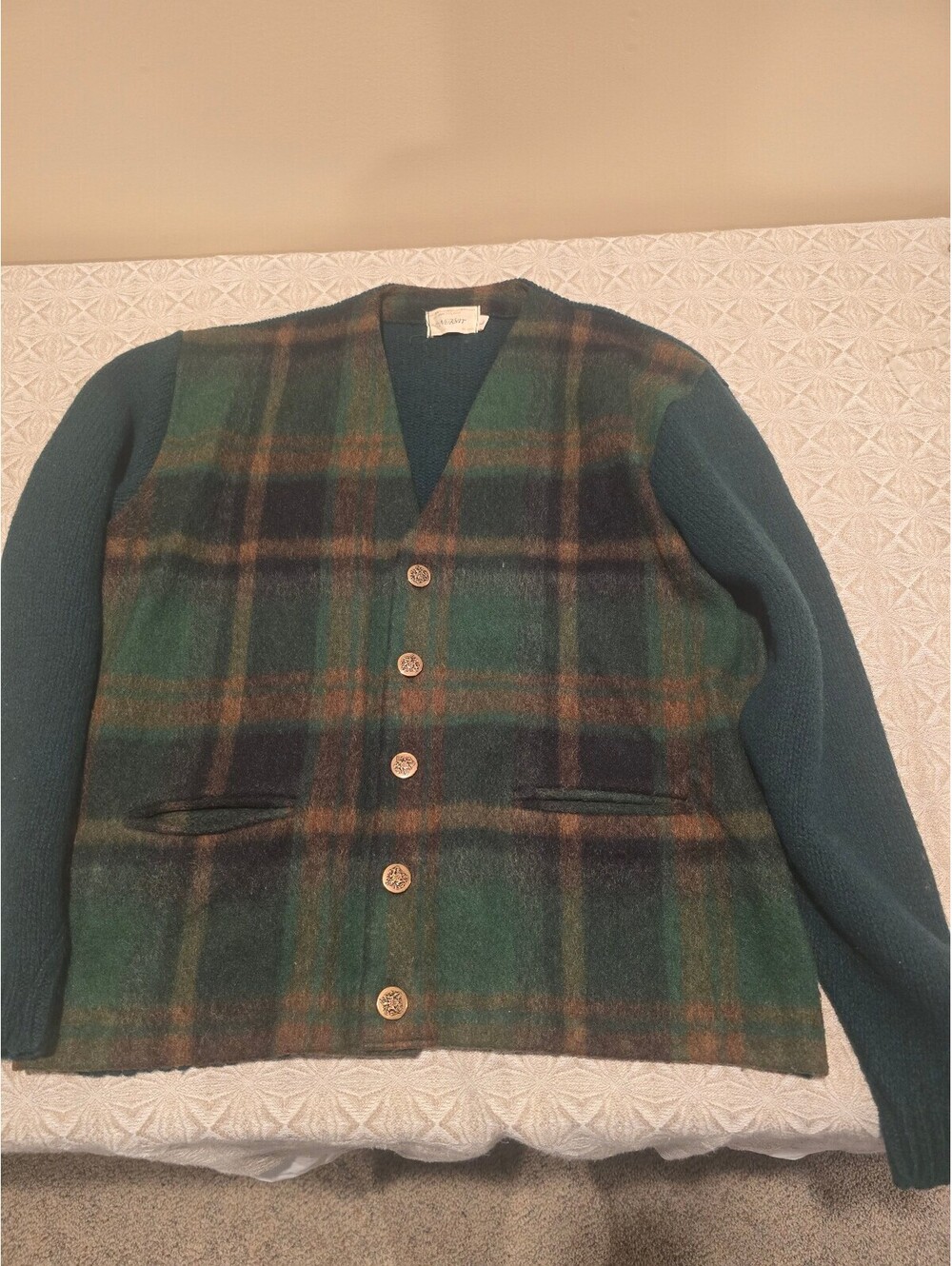 Vintage Nutknit Green Plaid Wool Cardigan Sweater Size L